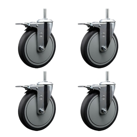 Service Caster 6 Inch Thermoplastic  Rubber Swivel 34 Inch Threaded Stem Caster Set with Total Lock Brake SCC-TSTTL20S614-TPRB-34212-4